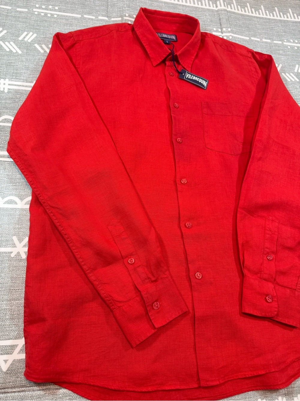 Vilebrequin Caroubis 100% Linen Long Sleeve Shirt L Coquelicot Poppy Red - Picture 5 of 12